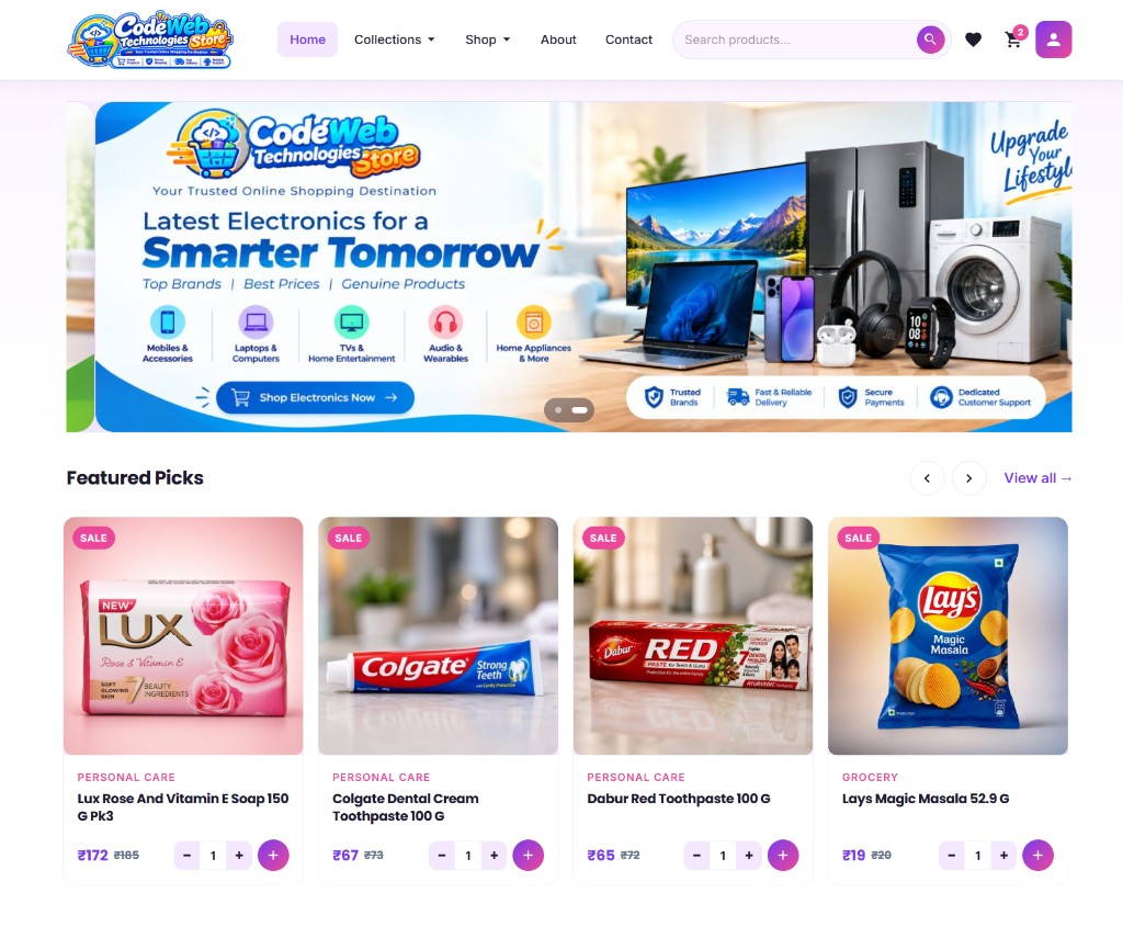 Customer storefront with featured products, pricing, and add to cart